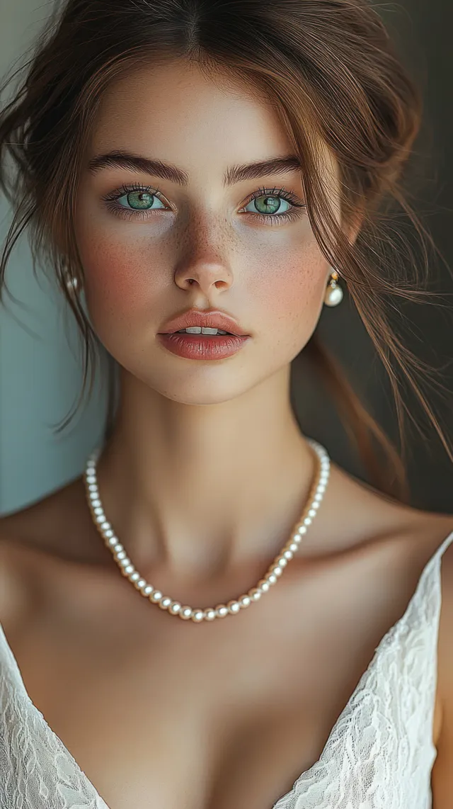 Close-up portrait of a young woman with green eyes and freckles wearing pearl earrings and a pearl necklace against a soft blue background.