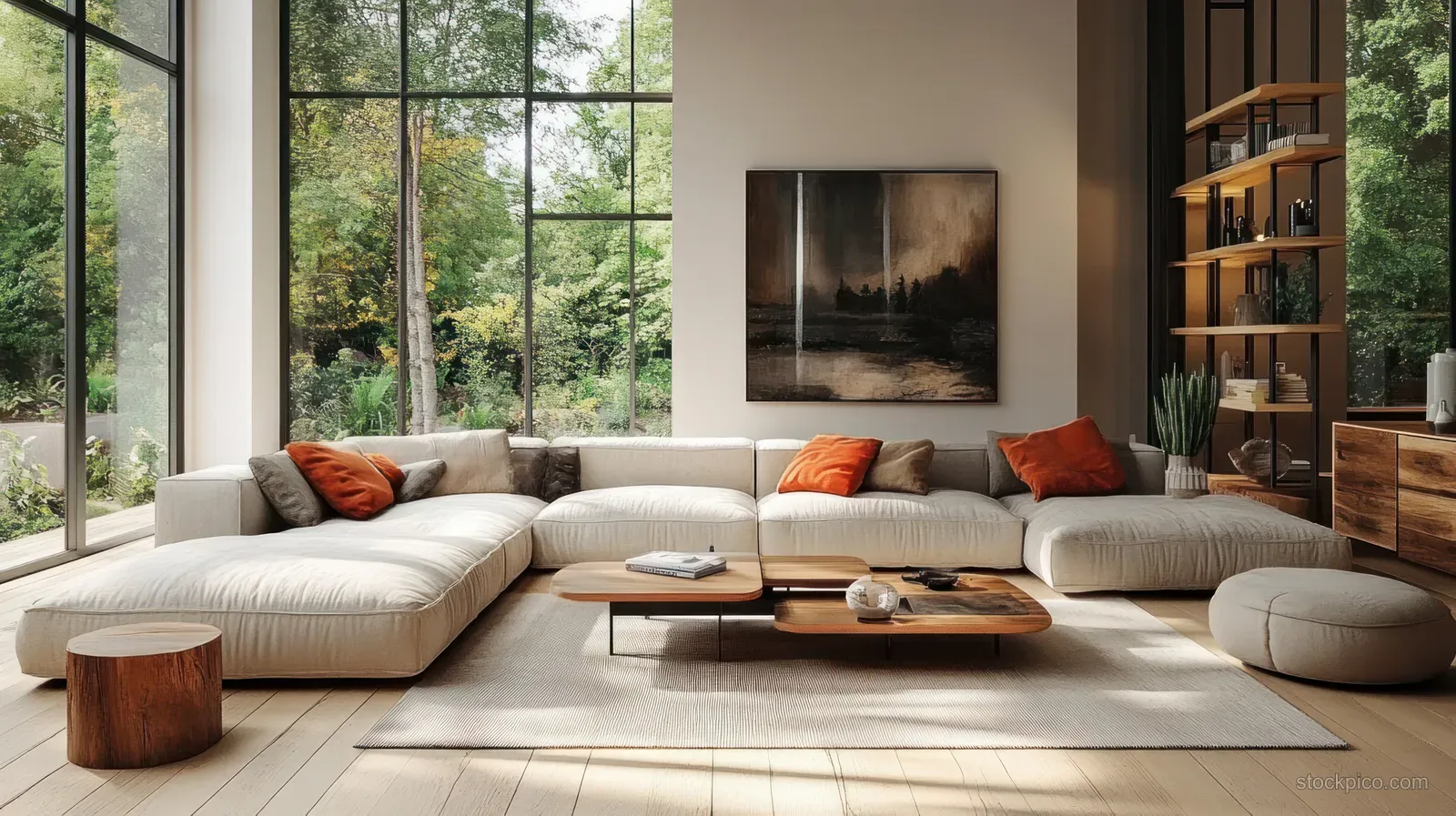 Cozy beige sectional sofa in a Scandinavian living room with large windows, wood furniture, and warm sunlight.