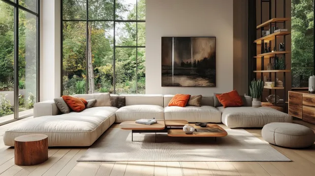 Cozy beige sectional sofa in a Scandinavian living room with large windows, wood furniture, and warm sunlight.