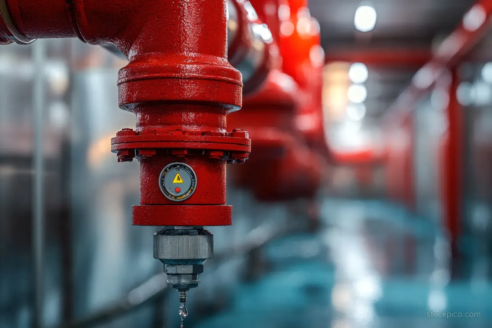 Close-up of a red pressure gauge on an industrial pipe releasing one water droplet in a factory corridor.