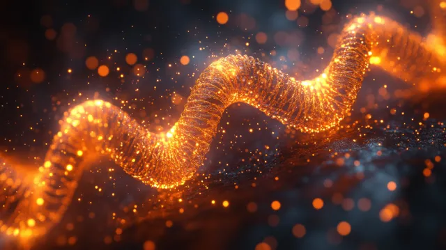 A glowing hair strand curls through a dark background with sparkling droplets and floating particles.