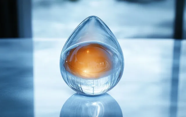 A translucent water droplet holding a glowing amber sphere and reflecting on a glossy blue surface.