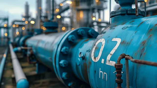 Blue hydrogen storage tanks and metal pipelines stretch through a power plant yard under dusk lighting.