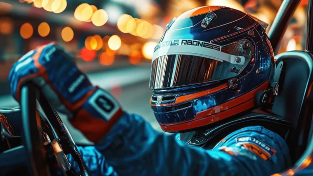 Racing driver wearing a blue and orange helmet grips the steering wheel in a night car cockpit with blurred lights behind.
