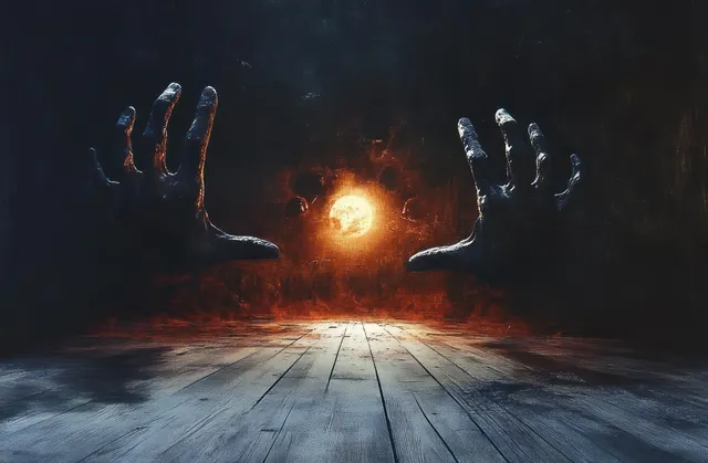 Two shadowed hands reach from darkness toward a glowing orb above wooden planks