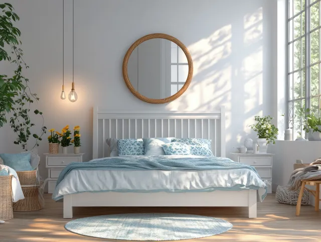 Sunlit minimalist vintage bedroom with a white bed, blue bedding, round mirror, and potted plants near windows.