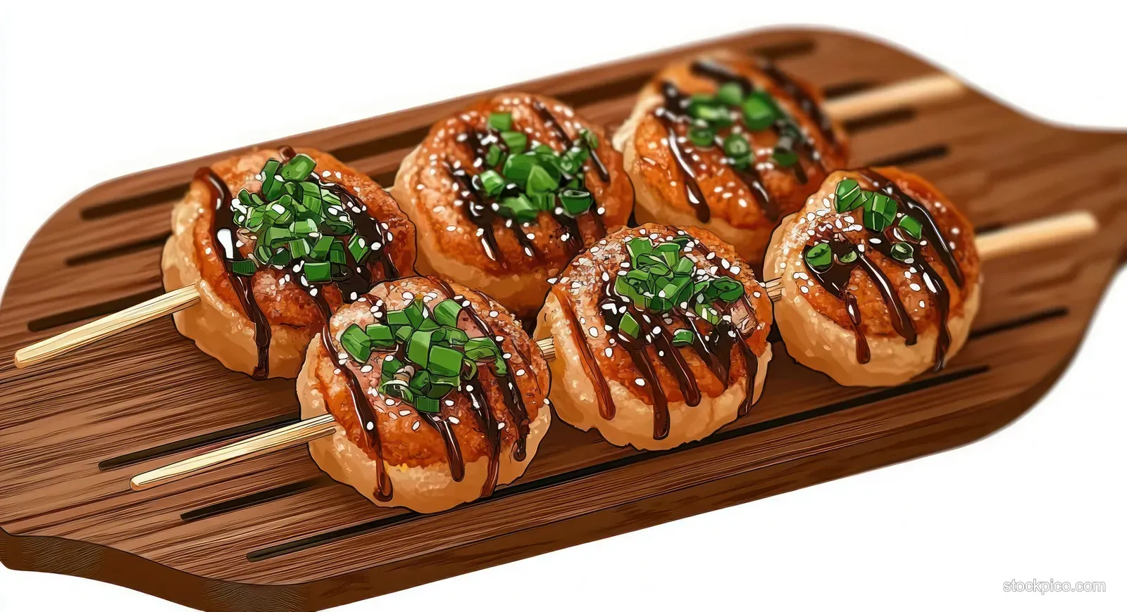 Grilled round skewers on a wooden board, topped with chopped green onions and dark sauce.