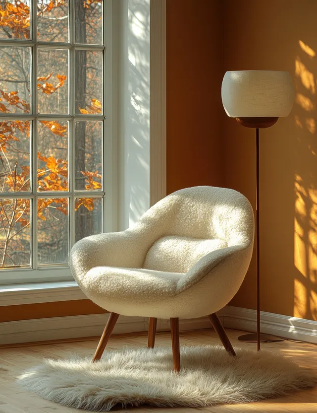 Mid-century chair sits on a sheepskin rug beside a glowing floor lamp and warm vase in a sunlit Scandinavian room.