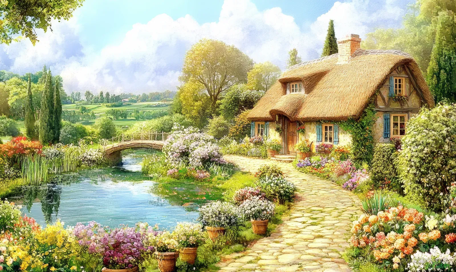 Thatched cottage beside a pond with a small bridge and a flower-lined walkway under a sunny blue sky.