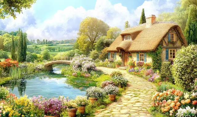 Thatched cottage beside a pond with a small bridge and a flower-lined walkway under a sunny blue sky.