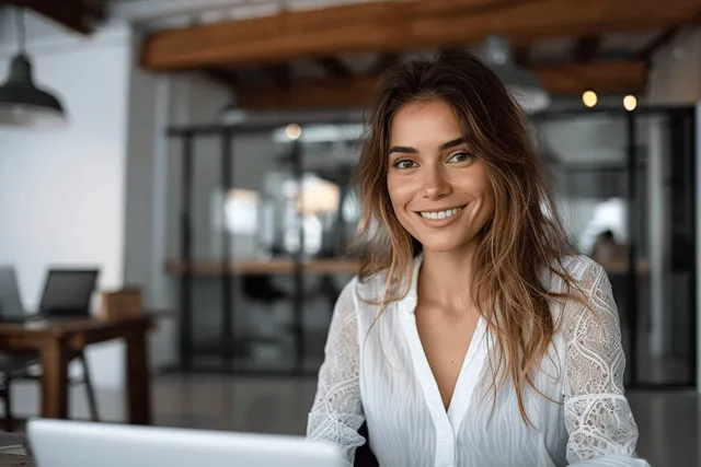 Smiling mature businesswoman CEO sits at a desk using a laptop in a modern office with blurred background.