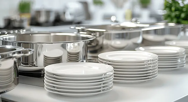 Stacked white plates and bowls on a white counter beside stainless chafing dishes for catering.