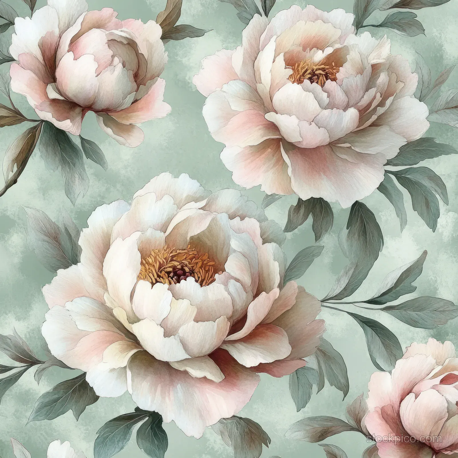 Watercolor peonies and green leaves arranged in a seamless pattern on a pale light background.