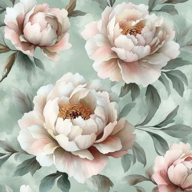 Watercolor peonies in seamless floral pattern with pale green background and soft blush petals