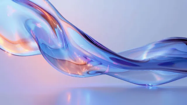 Curved glass figure-eight wave ribbon glows with rainbow refraction over a blue-white gradient background.