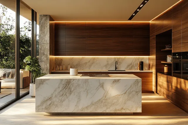 Modern kitchen interior with dark wooden cabinets, a marble island, and warm LED lighting near tall glass doors.