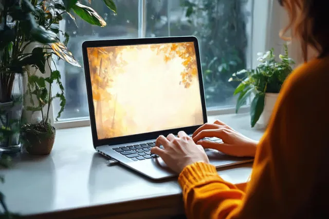 Woman typing on a laptop at a sunlit desk surrounded by leafy plants