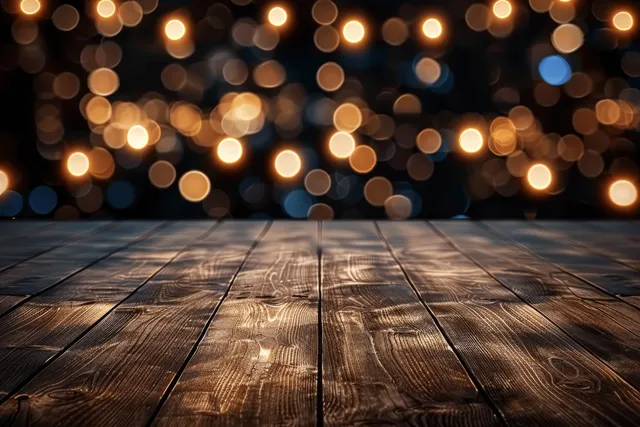 Wooden tabletop with visible grain sits under warm golden bokeh lights and a dark night background.