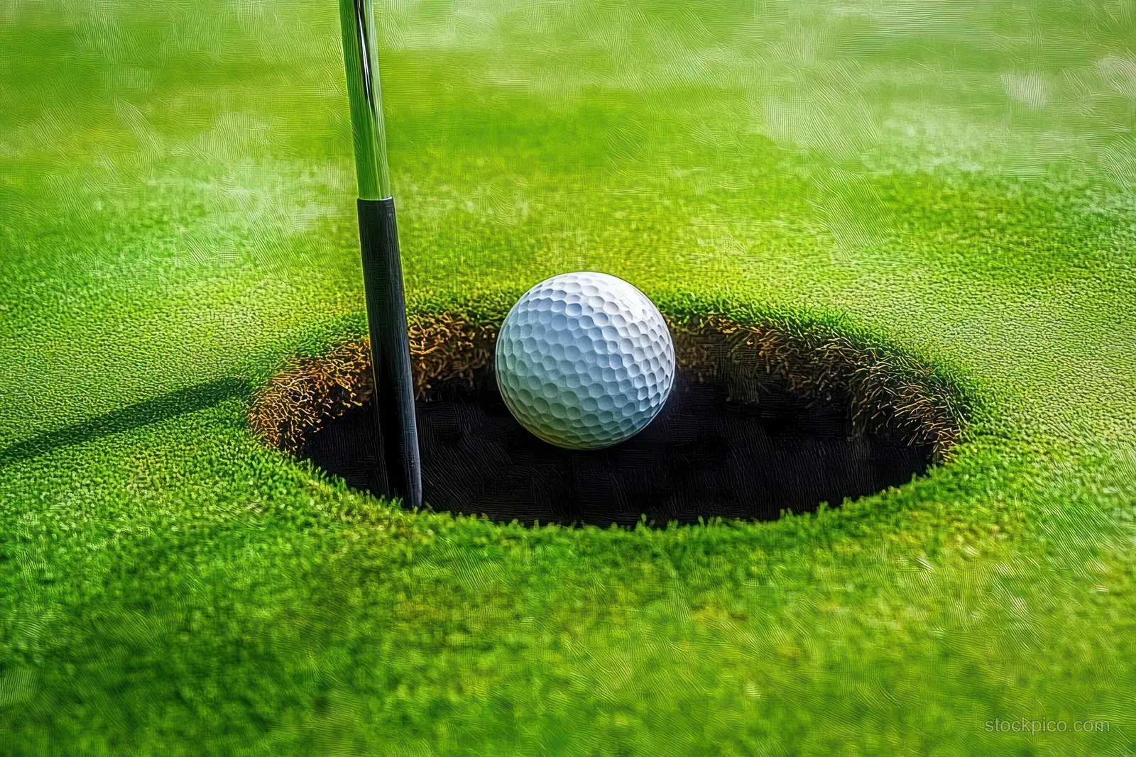 Golf ball resting near a hole’s edge with a flagstick in bright green putting grass.