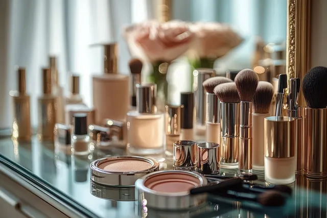 Makeup brushes and compact powder sit on reflective glass with blurred floral background and soft highlights.