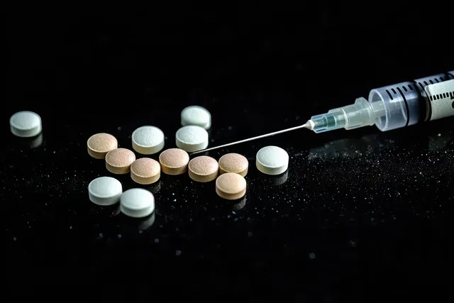 Medical syringe aiming at scattered round tablets on reflective black surface