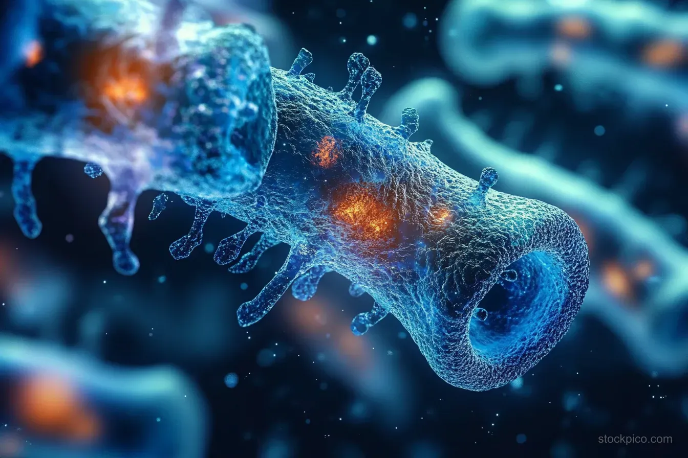Blue translucent virus particles with glowing orange interiors float in a dark microscopic background.