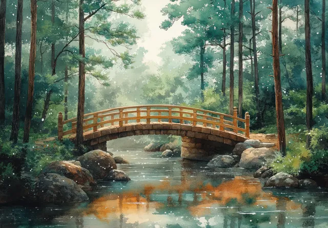 A wooden bridge crosses a calm river in a lush forest with sunlit leaves and soft watercolor haze.