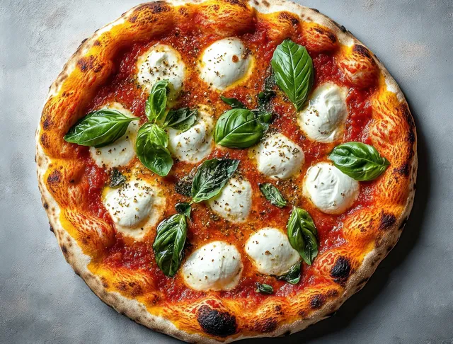 Wood-fired margherita pizza with mozzarella rounds, basil leaves, and blistered tomato sauce on a golden crust.
