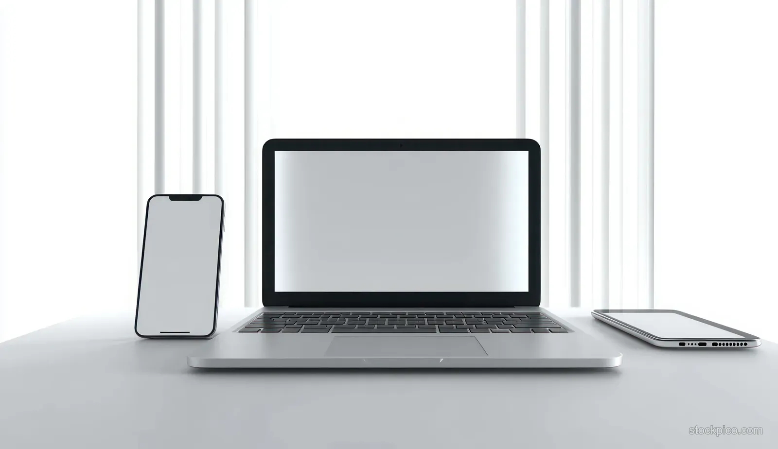 Minimal desk setup with a centered laptop, upright smartphone on the left, and flat tablet on the right against white louvers.