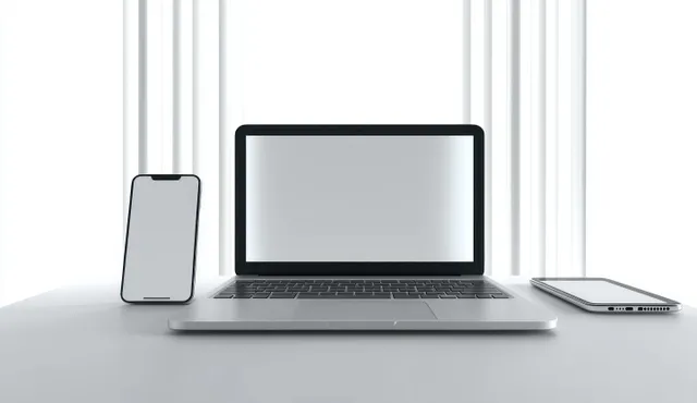 Minimal desk setup with a centered laptop, upright smartphone on the left, and flat tablet on the right against white louvers.