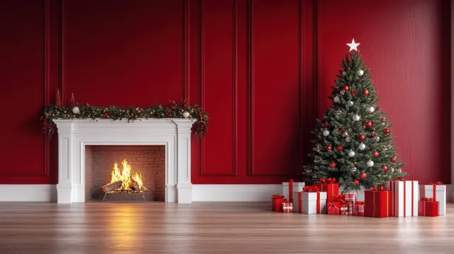 A decorated Christmas tree stands beside a lit fireplace with red gift boxes on a wooden floor.