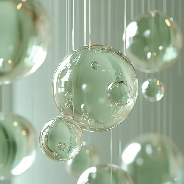 Translucent green glass bubbles float against a clean white background with soft glowing highlights.