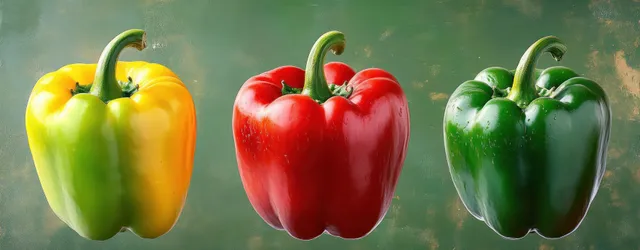 Three bell peppers in yellow, red, and green rest on a muted green textured background with stems visible.