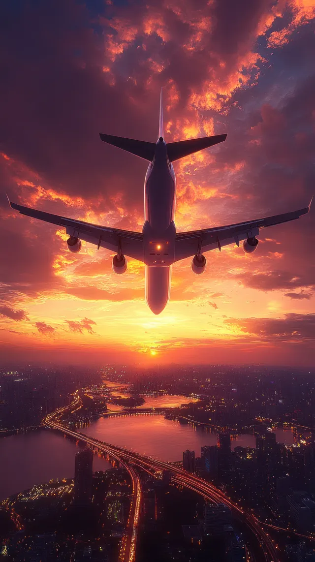 Passenger airplane flying low over a city at sunset with landing gear down and roads and river lights below.
