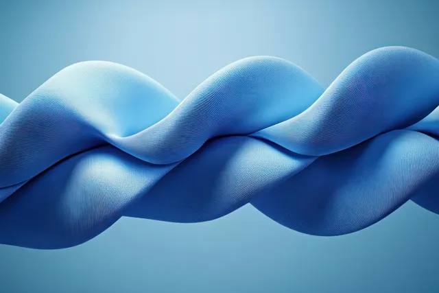 Abstract blue wire-like spiral forms twisting across a soft light gradient background