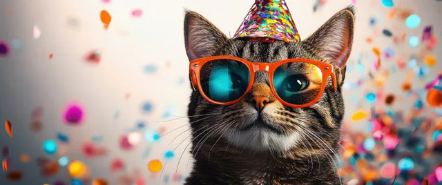 Striped cat in orange sunglasses and party hat with confetti blur background