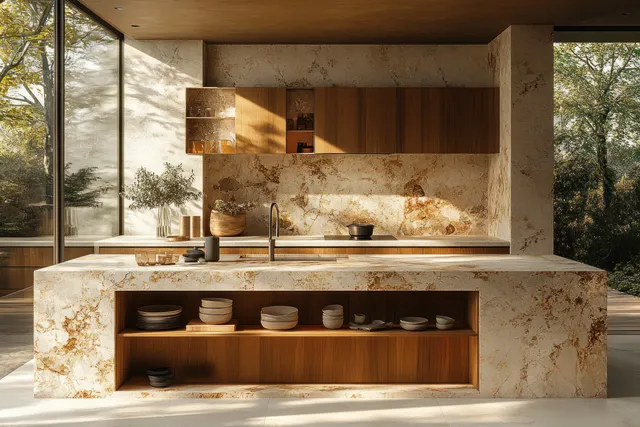 Sunlit minimalist kitchen interior with a stone island, wood cabinets, open shelves, and neatly arranged dishware.