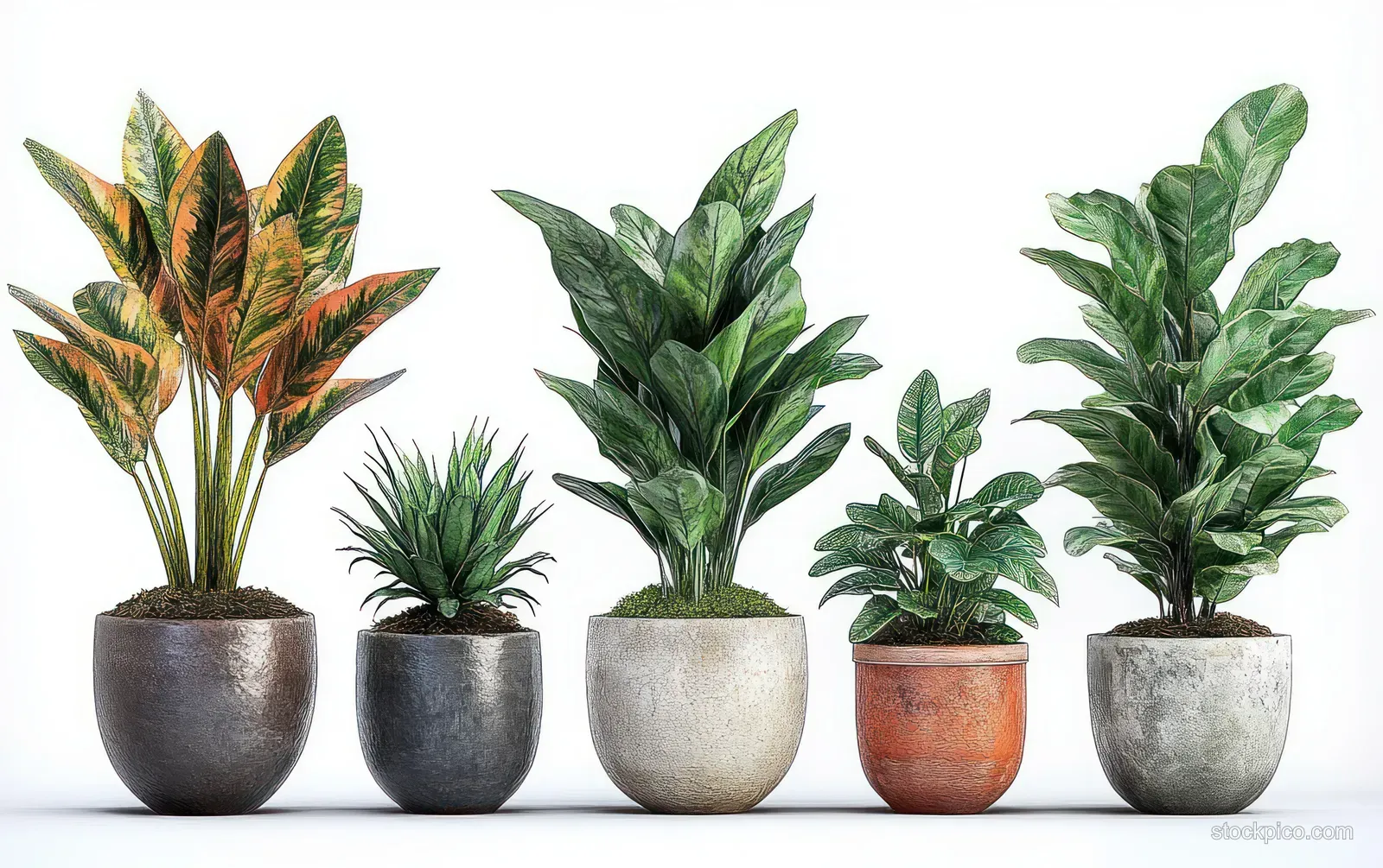 Five potted indoor plants with varied leaf colors arranged in textured pots on a white background.