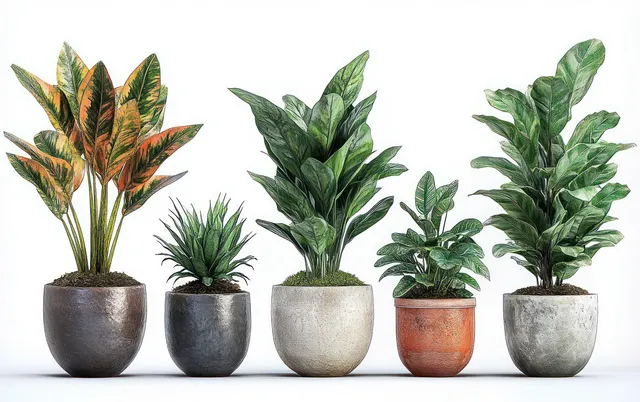 Five potted indoor plants in textured pots arranged on white background with varied leaf colors