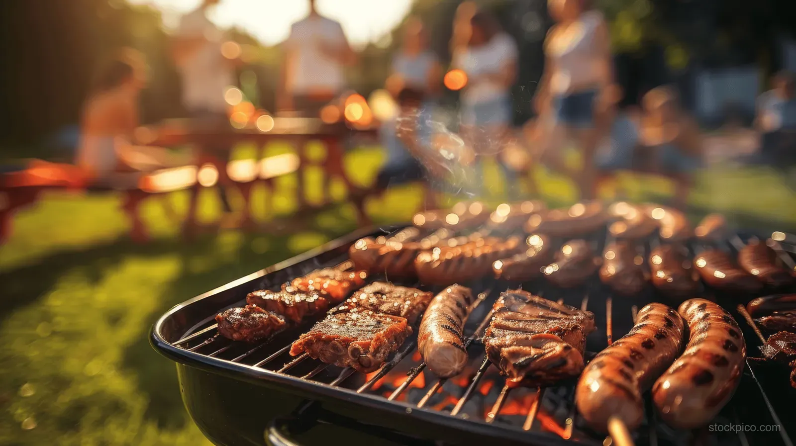 A sunny backyard barbecue picnic with family and friends enjoying grilled food and a relaxed outdoor meal together.