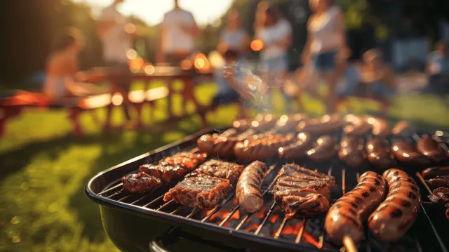 A sunny backyard barbecue picnic with family and friends enjoying grilled food and a relaxed outdoor meal together.