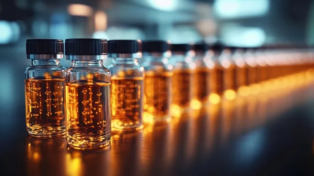 Amber liquid vials stand in a laboratory row, their glass catching reflections under soft, blurred lighting.