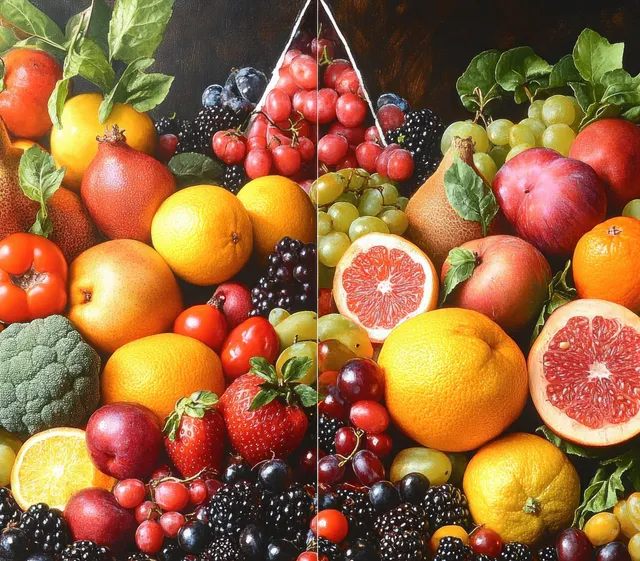 A dense arrangement of fresh citrus, apples, grapes, strawberries, blackberries, pears, and a broccoli floret with green leaves.