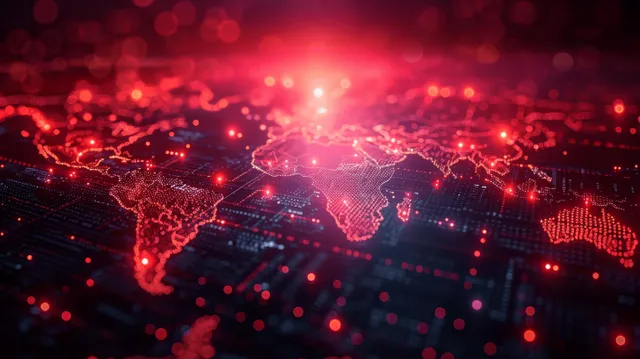 Red digital world map with glowing network nodes and data transfer lines with Dark Cyber Backdrop