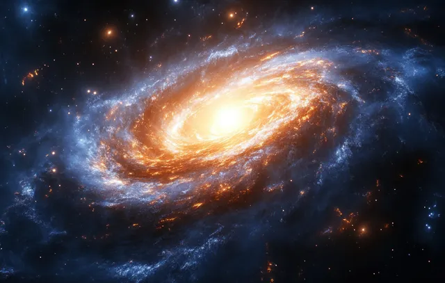 A spiral galaxy glows around a dark black hole, with radiant light beams and starry nebula dust swirling in space.