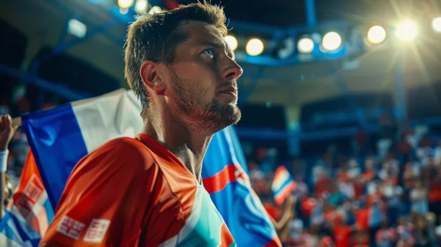 A Serbian tennis player stands on a lit court as spectators fill the stadium behind him.