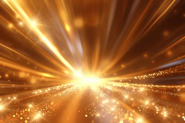Golden sunbeam rays streaking forward with sparkling particles over blurred brown background