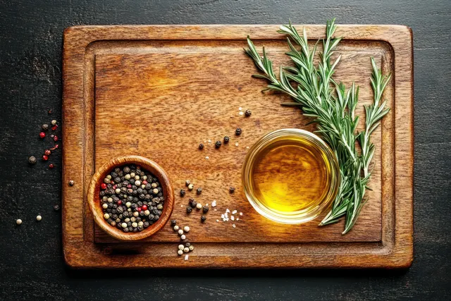 Top view of a wooden cutting board with rosemary sprigs, a glass bowl of olive oil, and mixed peppercorns on dark surface.