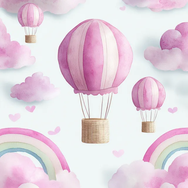 Pink watercolor hot air balloons drifting through clouds and rainbows