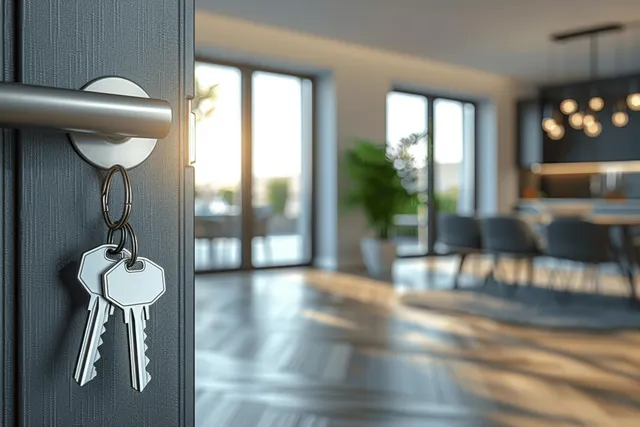 Keys hanging on apartment door handle with bright sunny interior and large windows